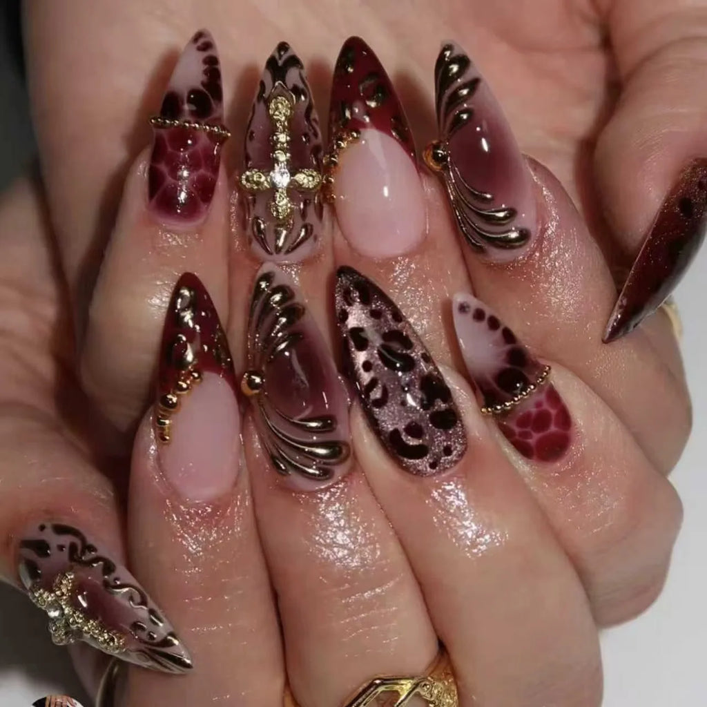 24pcs/set 3D fake nails for women girls Medium almond tips leopard polka dot 3D embossed flowers design press on false nail art