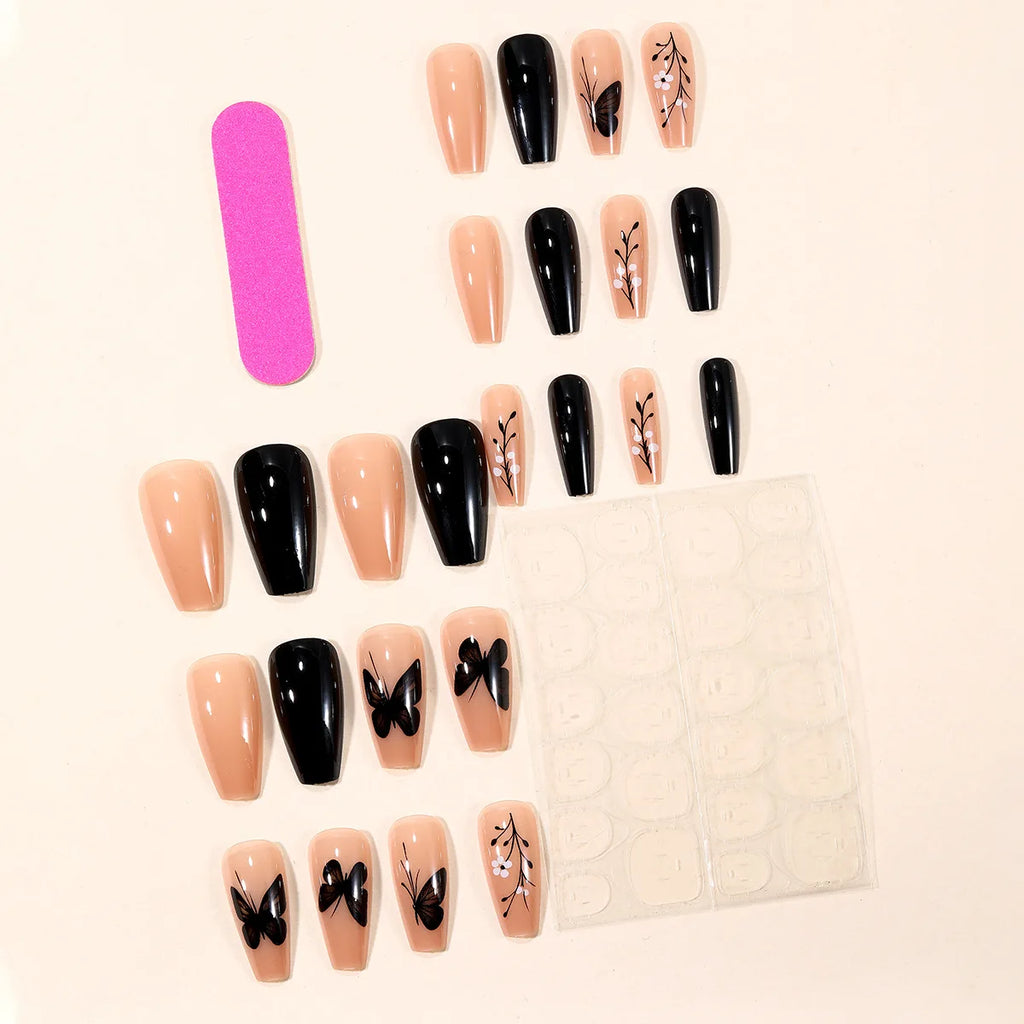 Medium Long fake nails Brown Floral Leaf Black Butterfly Grid Pattern Artificial Nails for women Autumn Winter Press-On nails
