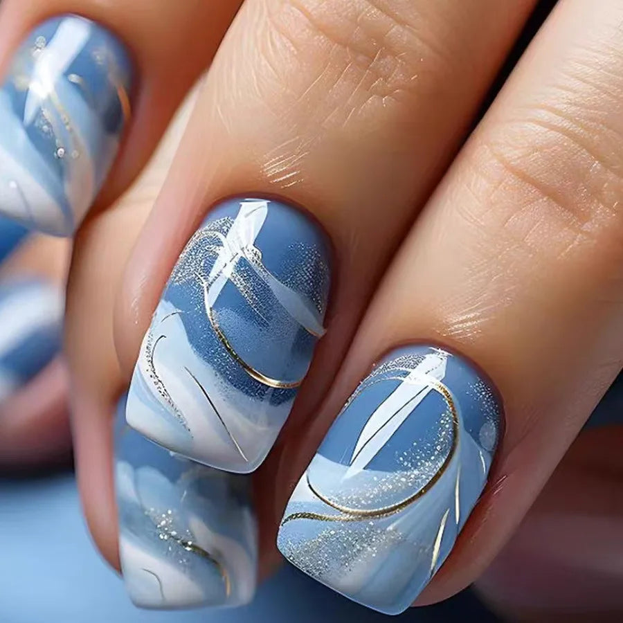 Short fake nails for women girls Gradient blue purple with silver stirps glossy square nail tips fill cover press on false nail