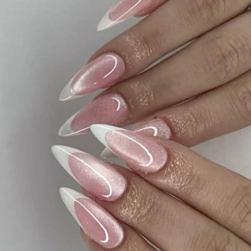 Short Medium fake nails for women glossy sparkling cat eyes french style white edge almond square shape press on false nail set