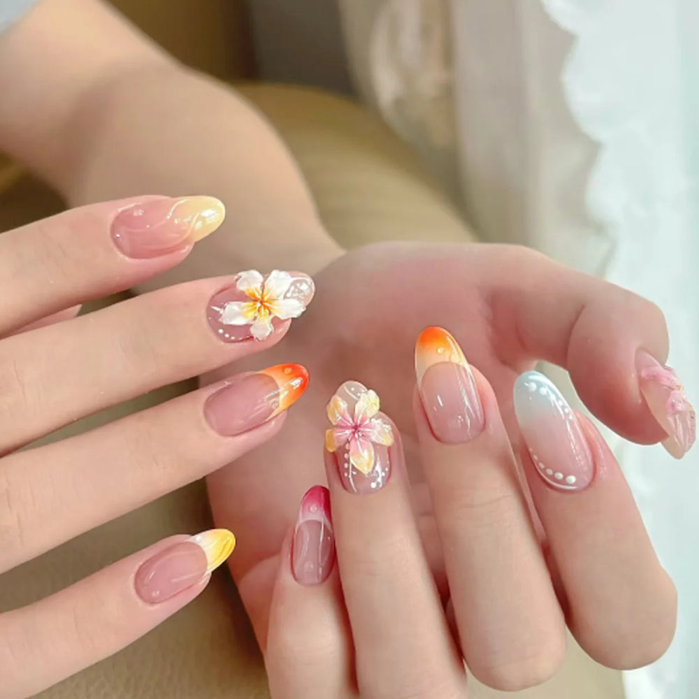 Leopard & Floral French Tip Press-On Nails – Almond, 24 Pcs