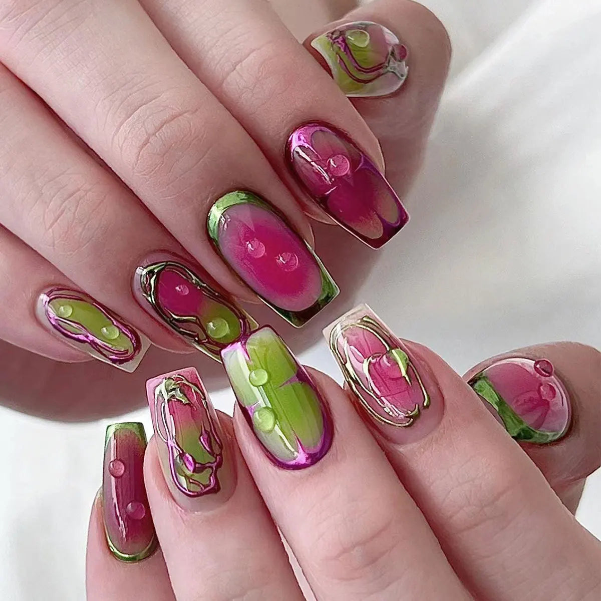 24pcs/set 3D fake nails for women girls embossed flowers pearl rhinestones design Medium almond tips press on false nail art