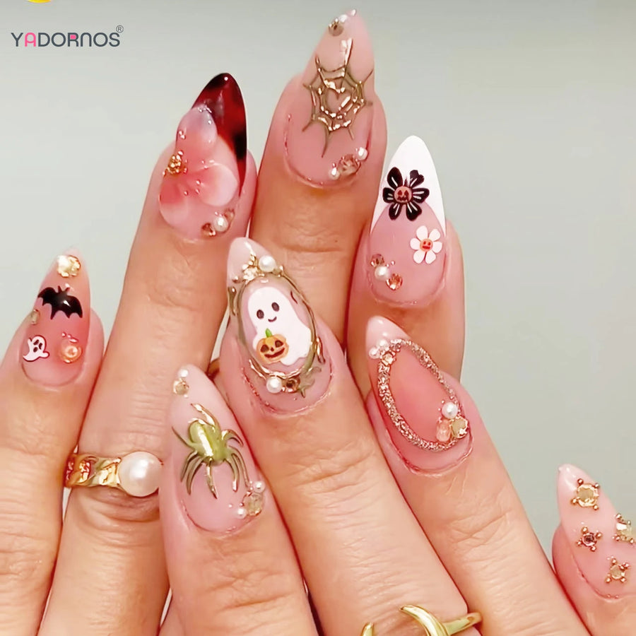 Pink Ghost & Pumpkin Halloween French Press-On Nails – Almond, 24 Pcs