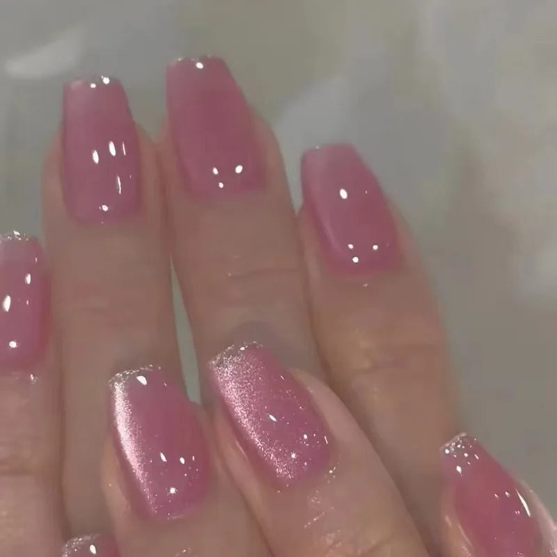 Medium long fake nails for women girls pink blue cat eyes glossy shimmer ballet almond nail tips full cover press on false nail