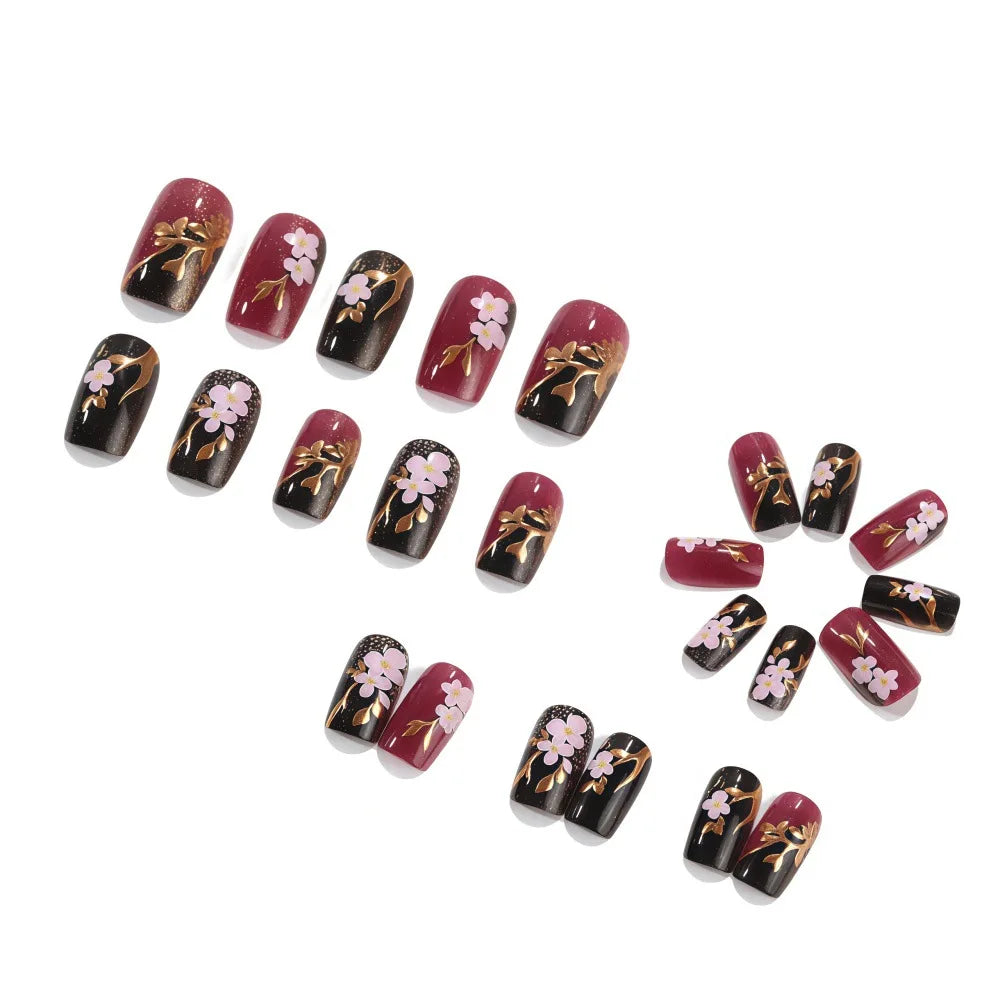 3D golden plated fake nails Medium square shape Spring summer flowers pink white blue black red full cover tips press on nail