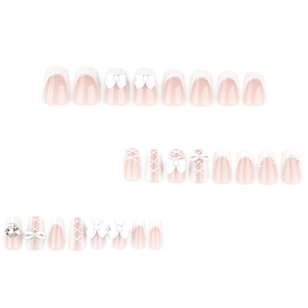 White 3D Bow Rhinestone French Press-On Nails – Short Square, 24 Pcs