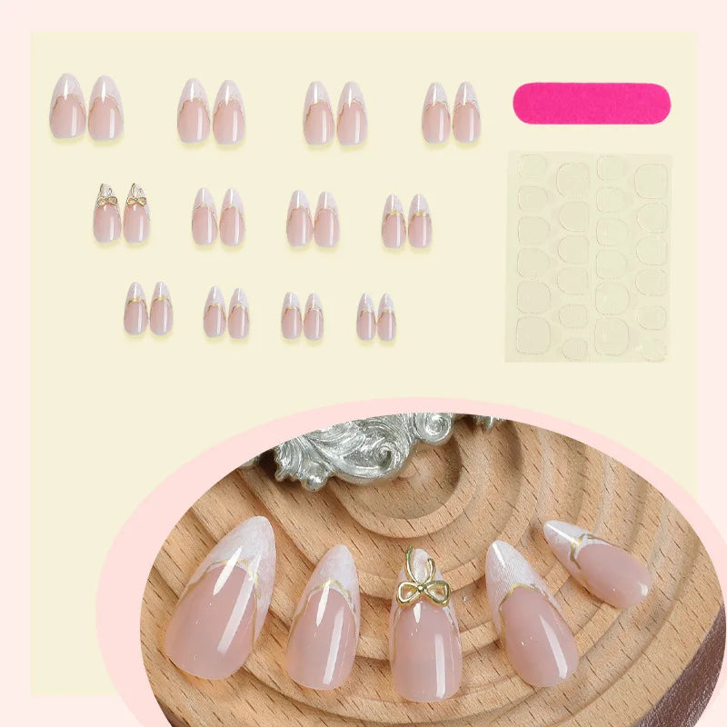 Medium fake nails for women girls french almond nude white nail tips with golden strips bowknot full cover press on false nail