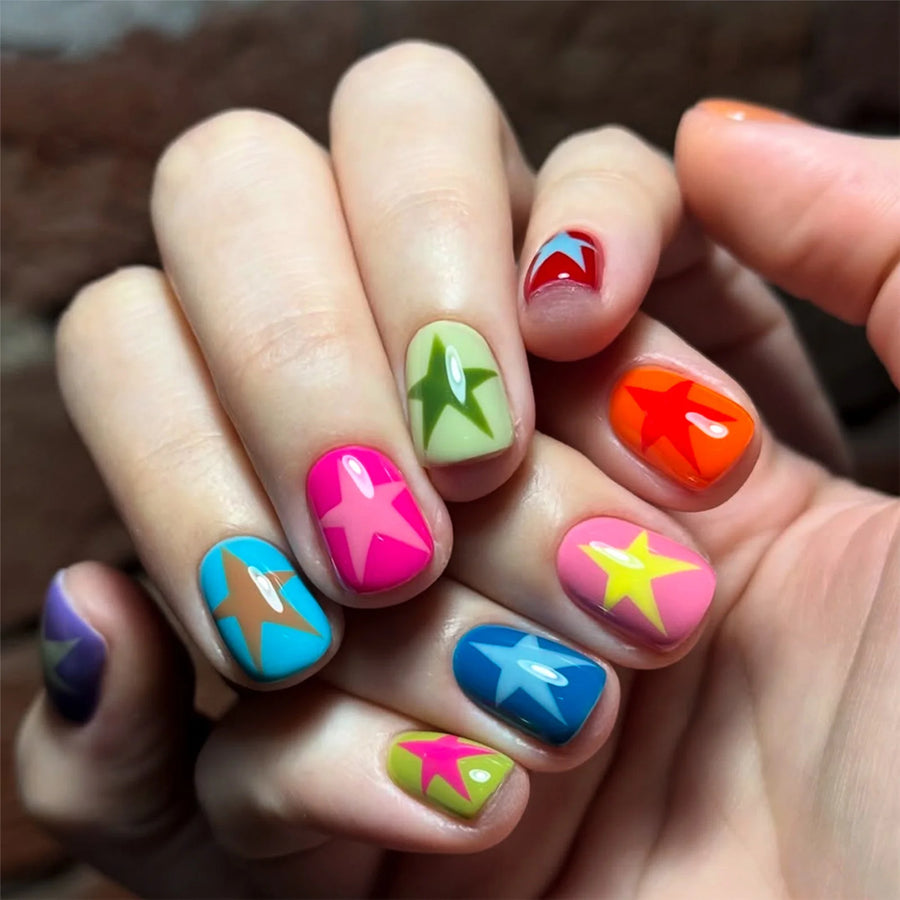 Dopamine Color Star 3D Press-On Nails – Short Square, 24 Pcs