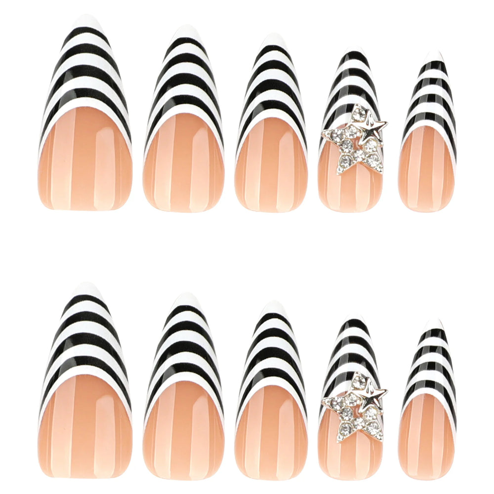 Black & White Zebra Stripe Press-On Nails – Long Stiletto, 24 Pcs