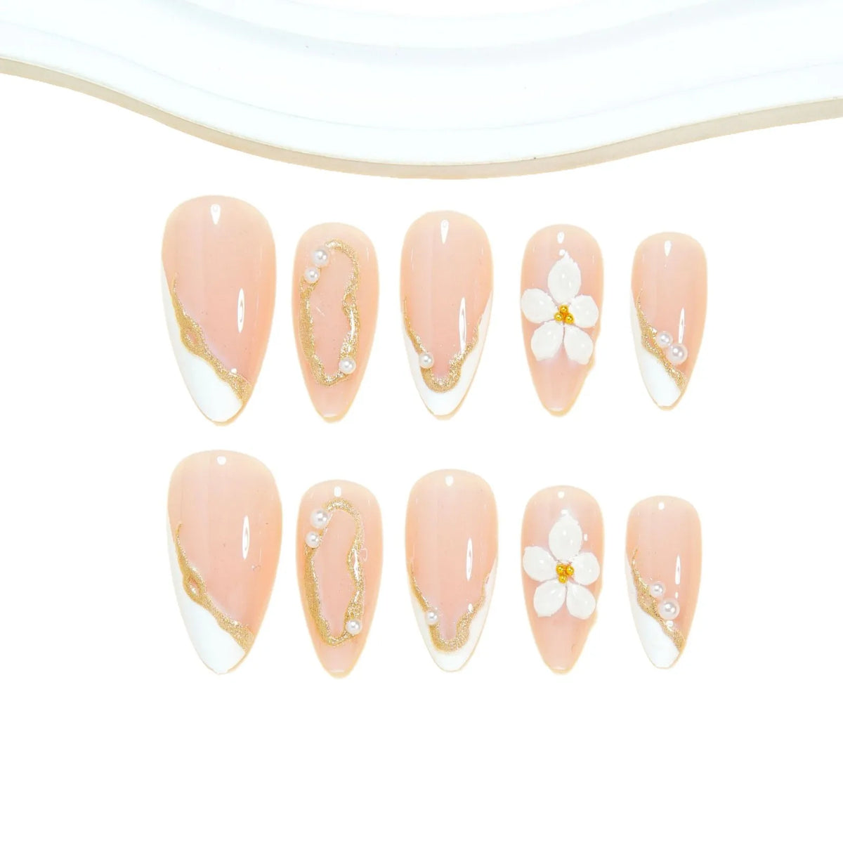 Medium fake nails for women Nude white french almond nail tips with flower pearls golden frame full cover press on false nail