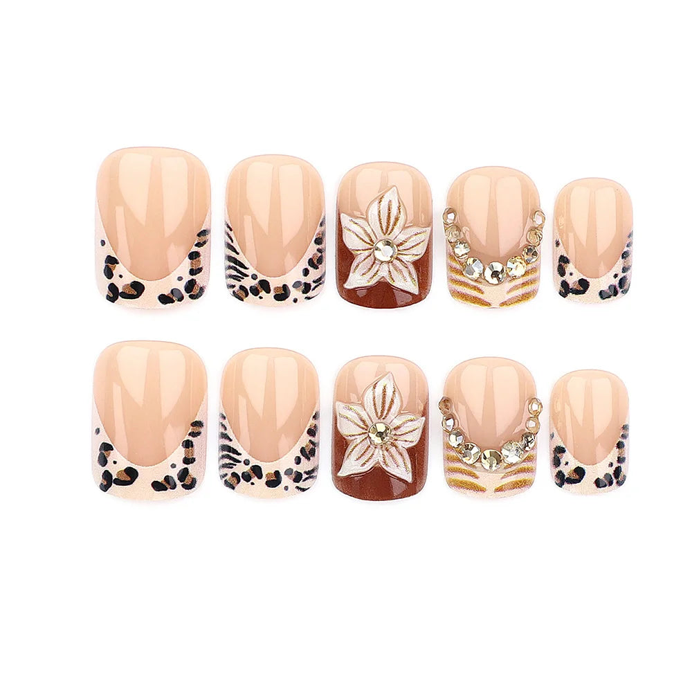 Short Square fake nails for women nude brown colors with leopard print 3D flowers rhinestones design full cover press on nails