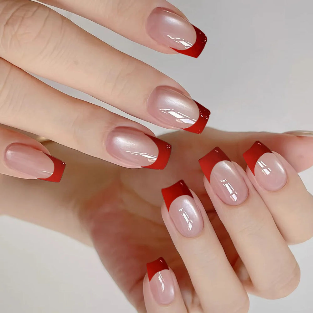 Nude Red Cat Eye French Press-On Nails – Medium Square