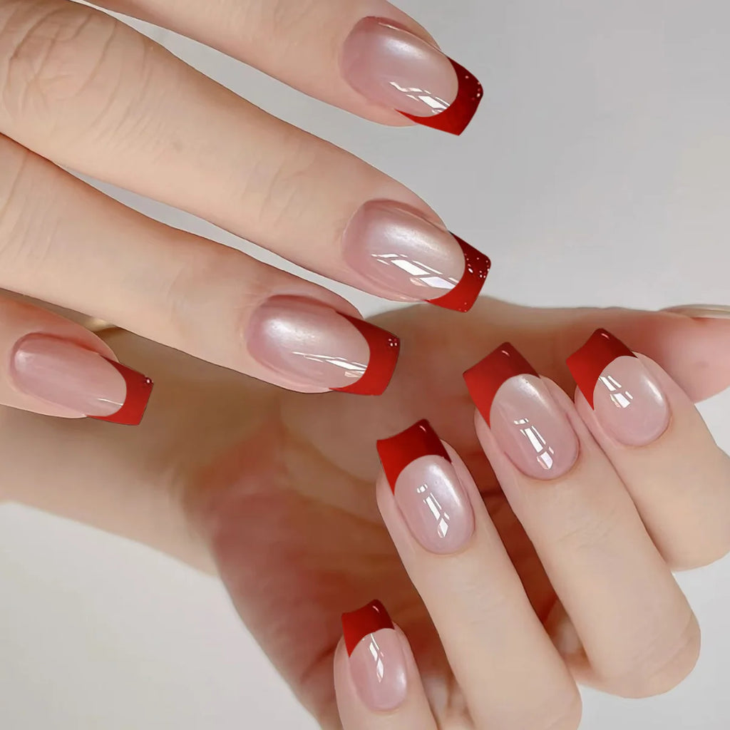 Medium fake nails for women Nude red square nail tips french style glossy cat eyes full cover press on false nail art set