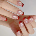 Medium fake nails for women Nude red square nail tips french style glossy cat eyes full cover press on false nail art set