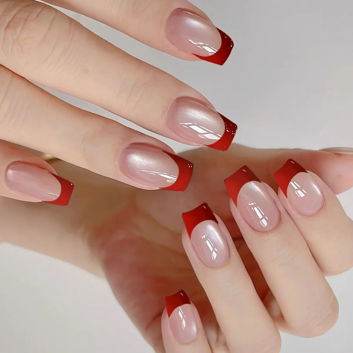 Medium fake nails for women Nude red square nail tips french style glossy cat eyes full cover press on false nail art set