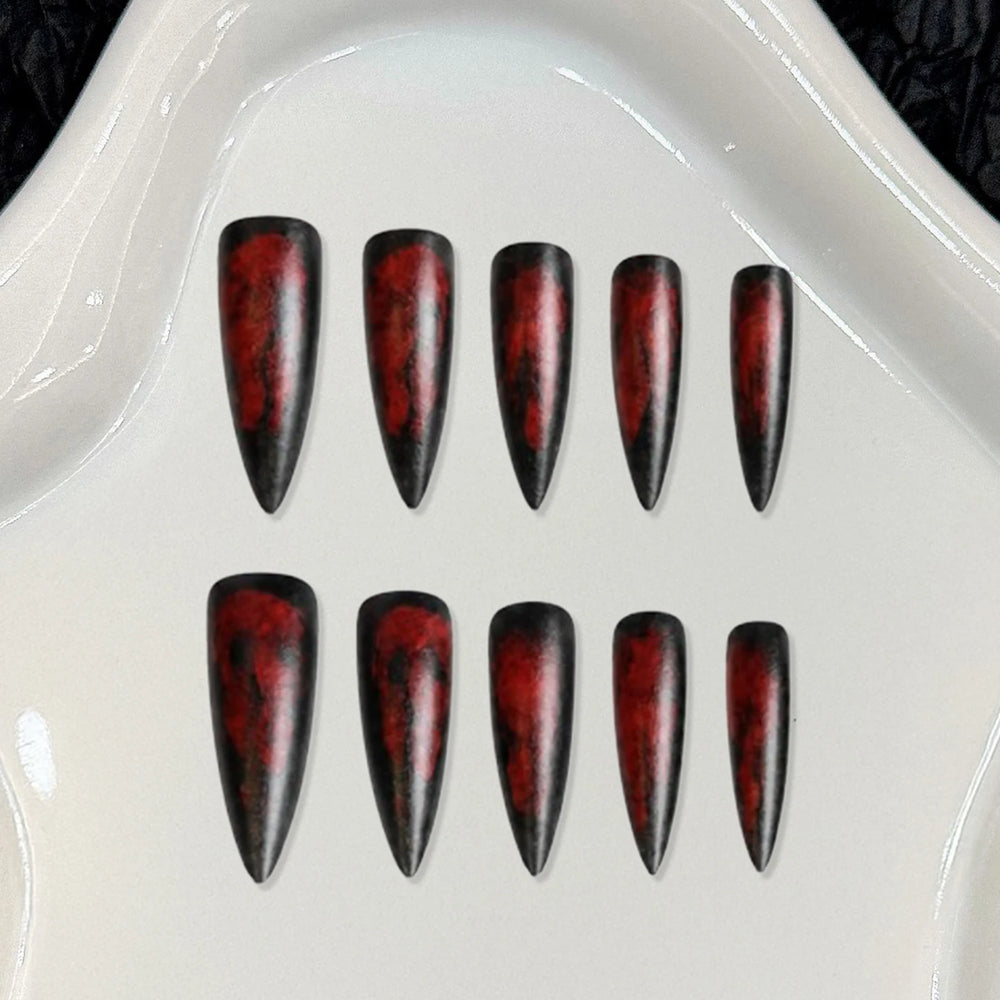 Black Matte Blood-Red Ombre Press-On Nails – Long Stiletto, 24 Pcs