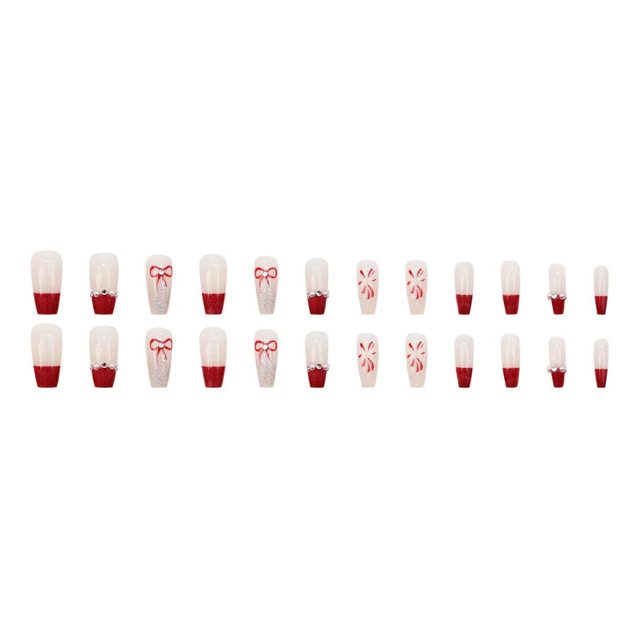 Medium fake nails for women white red ballet nail tips with pearls rhinestones glitters design full cover press on false nail