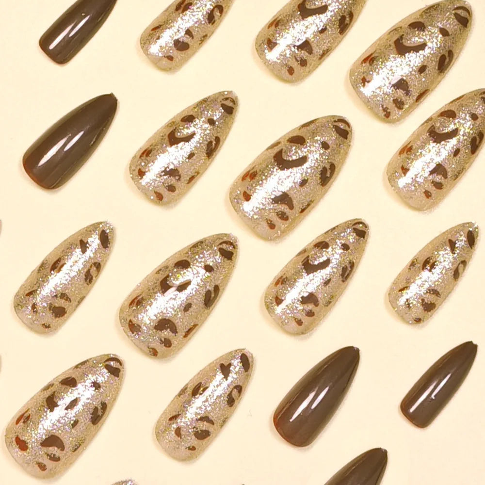 24pcs/set Almond fake nails for women gilrs black brown leopard printing with glitter design full cover manicure press on nail