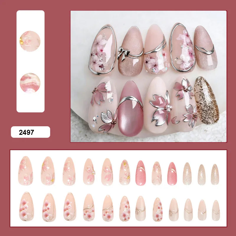24pcs/set Medium fake nails for women girls gradient pink blue flowers heart glossy glass cat eyes full cover press on nails