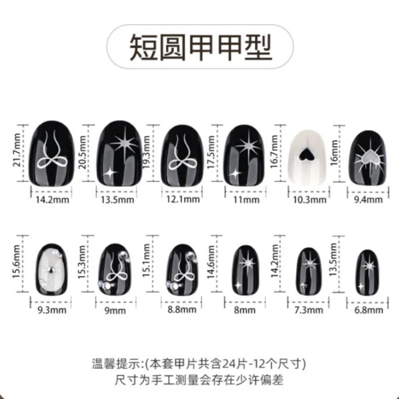 Gothic Black Silver Heart & Bow Press-On Nails – Short Almond, 24 Pcs