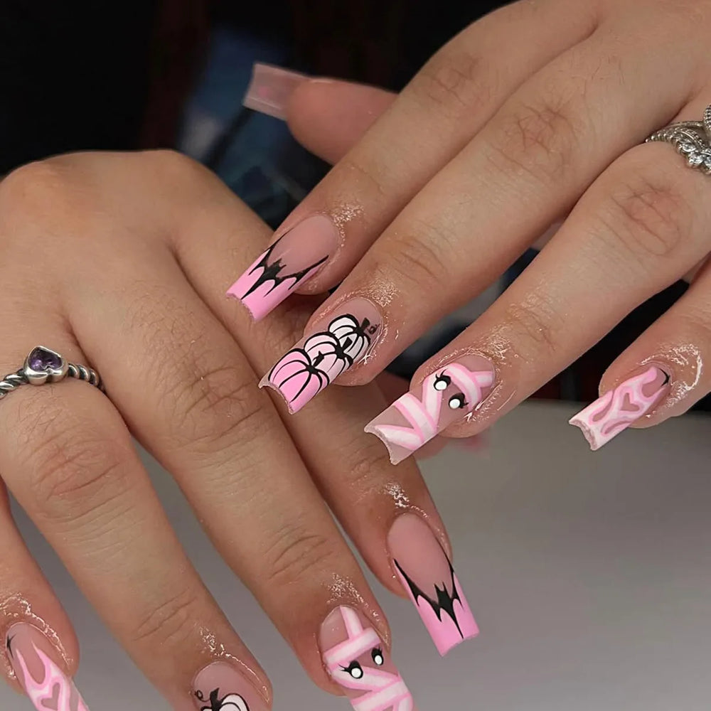 Pink Ombre Ghost & Pumpkin French Press-On Nails – Medium Coffin, 24 Pcs