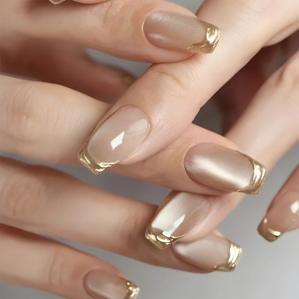 Short fake nails for women gilrs french style glossy shimmer cat eyes with golden silver edge frame full cover press on nails