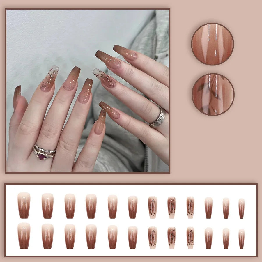 Short Medium fake nails for women girls gradient brown flowers leaf design full cover square ballet tips acrylic press on nails