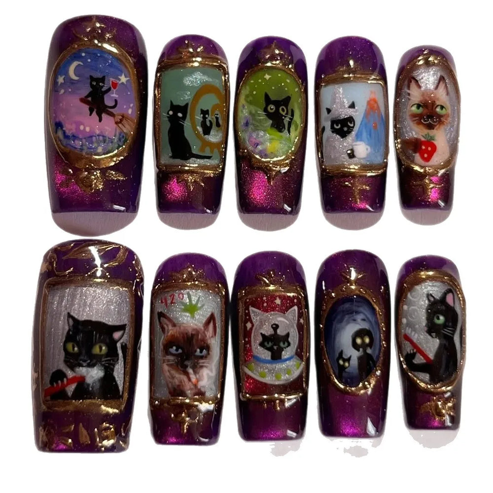 Magic Cat Cartoon Y2K Press-On Nails – Long Square, 24 Pcs