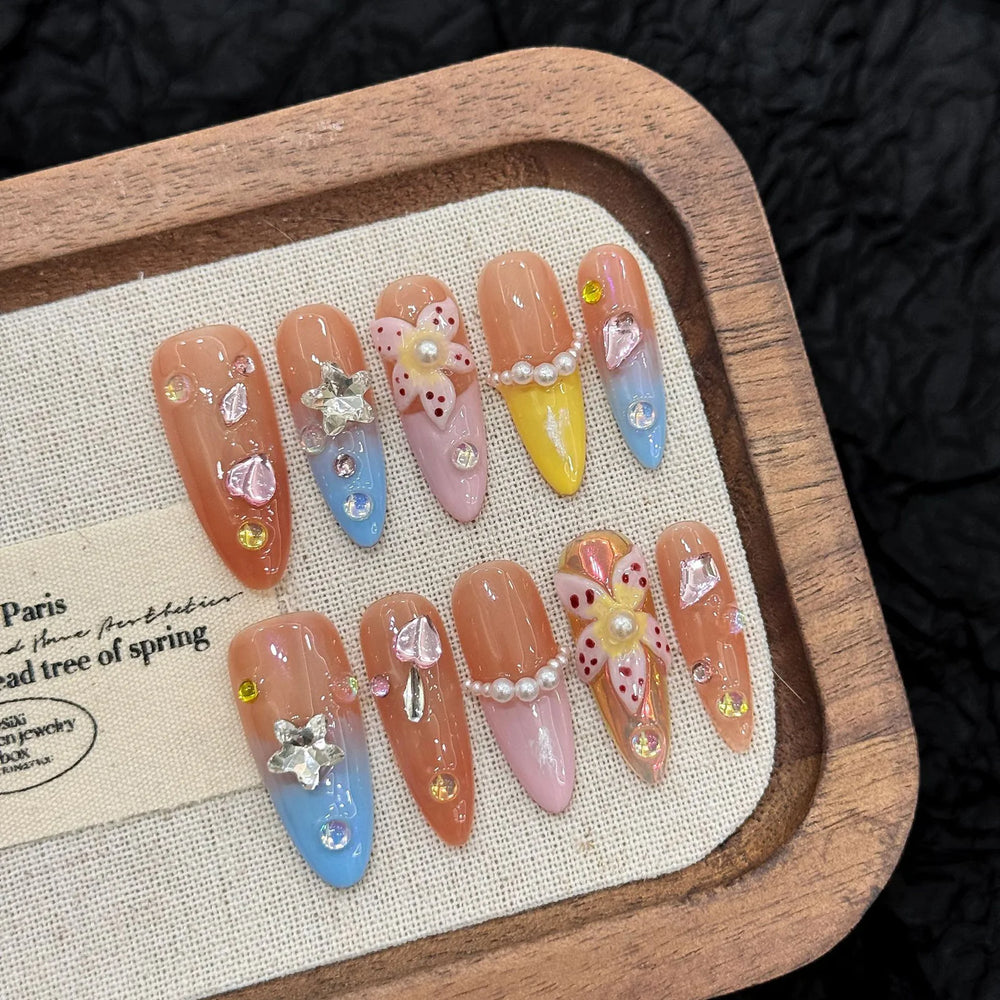3D Colorful Summer Starfish Handmade Press-On Nails – Almond, 10 Pcs