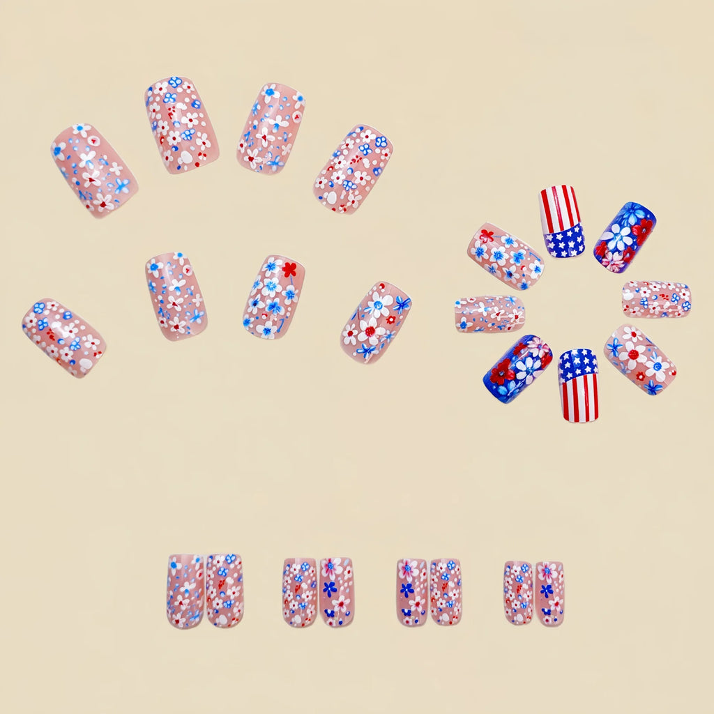 Medium fake nails fashion red blue strips star flowers design for Independence Day full cover press on acrylic false nail art