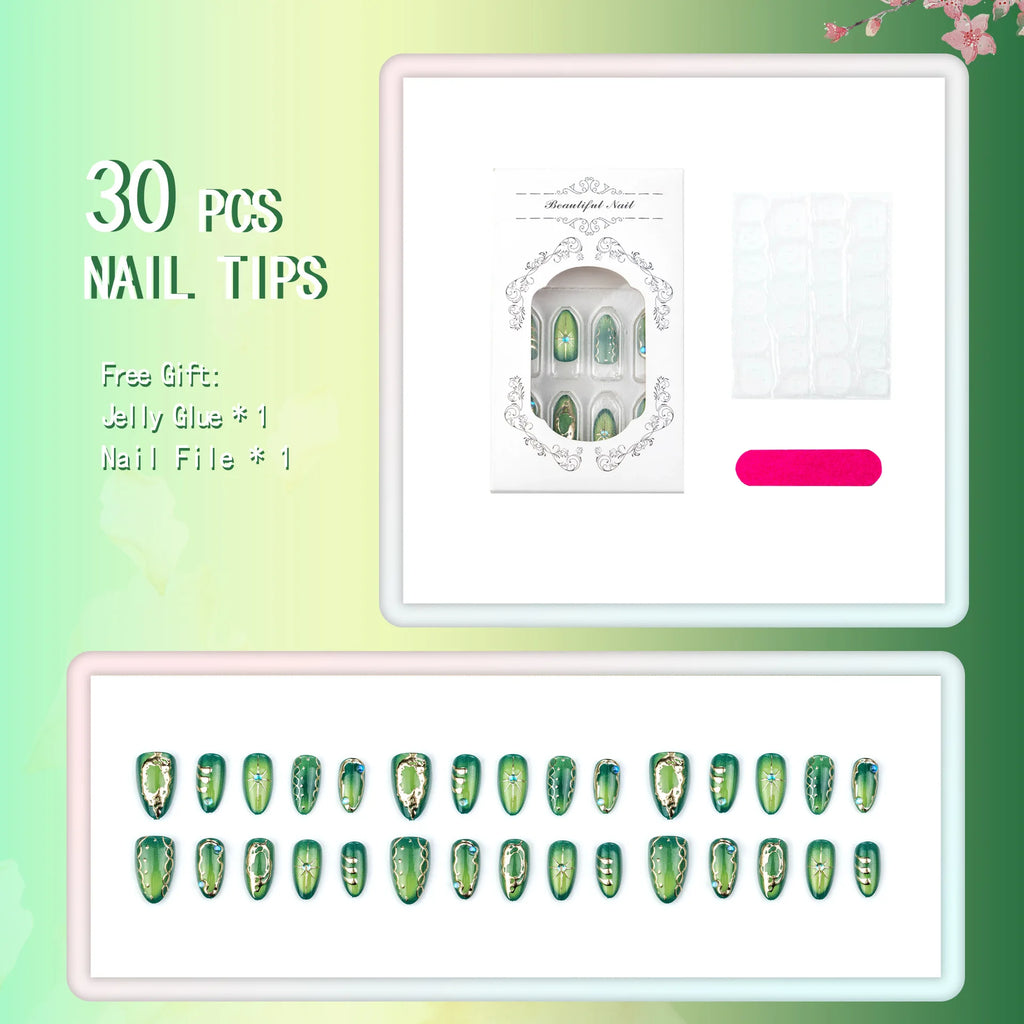 30pcs/set Medium fake nails glossy green cat eyes with golden frame handmade rhinestones reusable ABS press on Artificial Nails