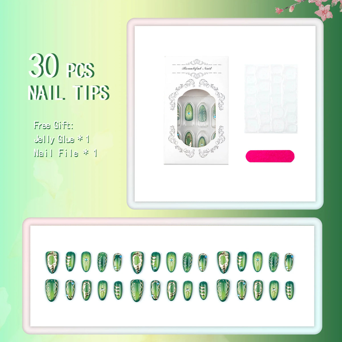 30pcs/set Medium fake nails glossy green cat eyes with golden frame handmade rhinestones reusable ABS press on Artificial Nails