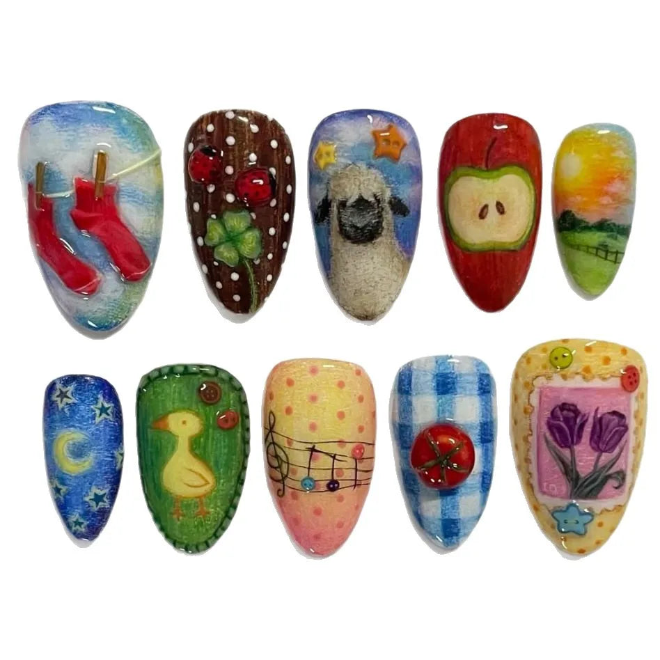 Cute Cartoon Oil Painting Press-On Nails – Almond, 24 Pcs