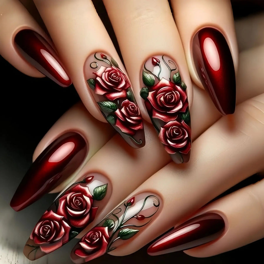 Grey & Red Rose Valentine's Ballet Press-On Nails – Long