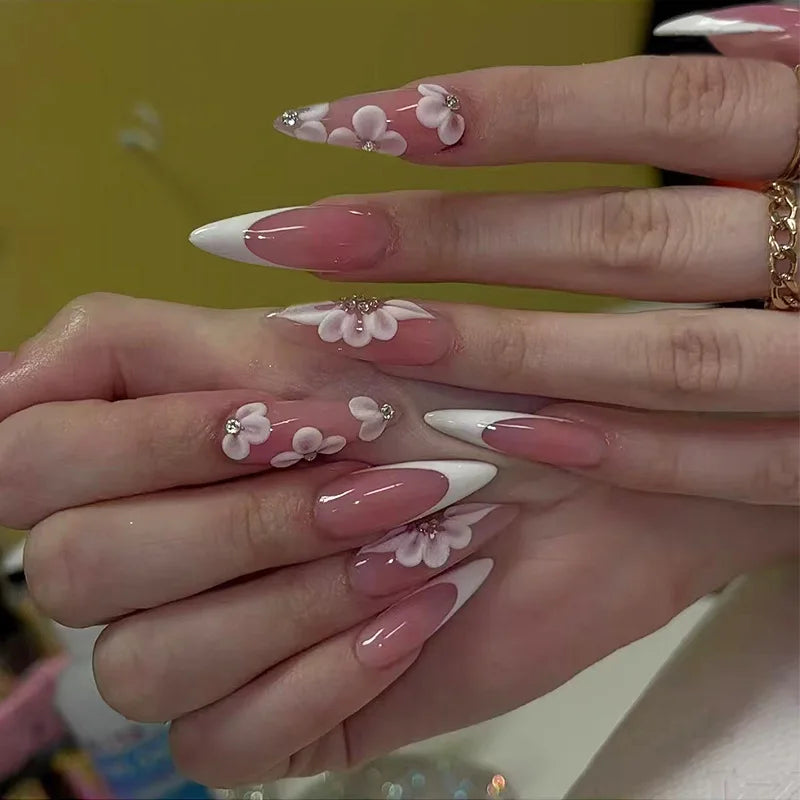 24pcs/sest Short Medium fake nails for women girls colorful flowers Mushroom beach for Summer Autumn Press on false nail tips