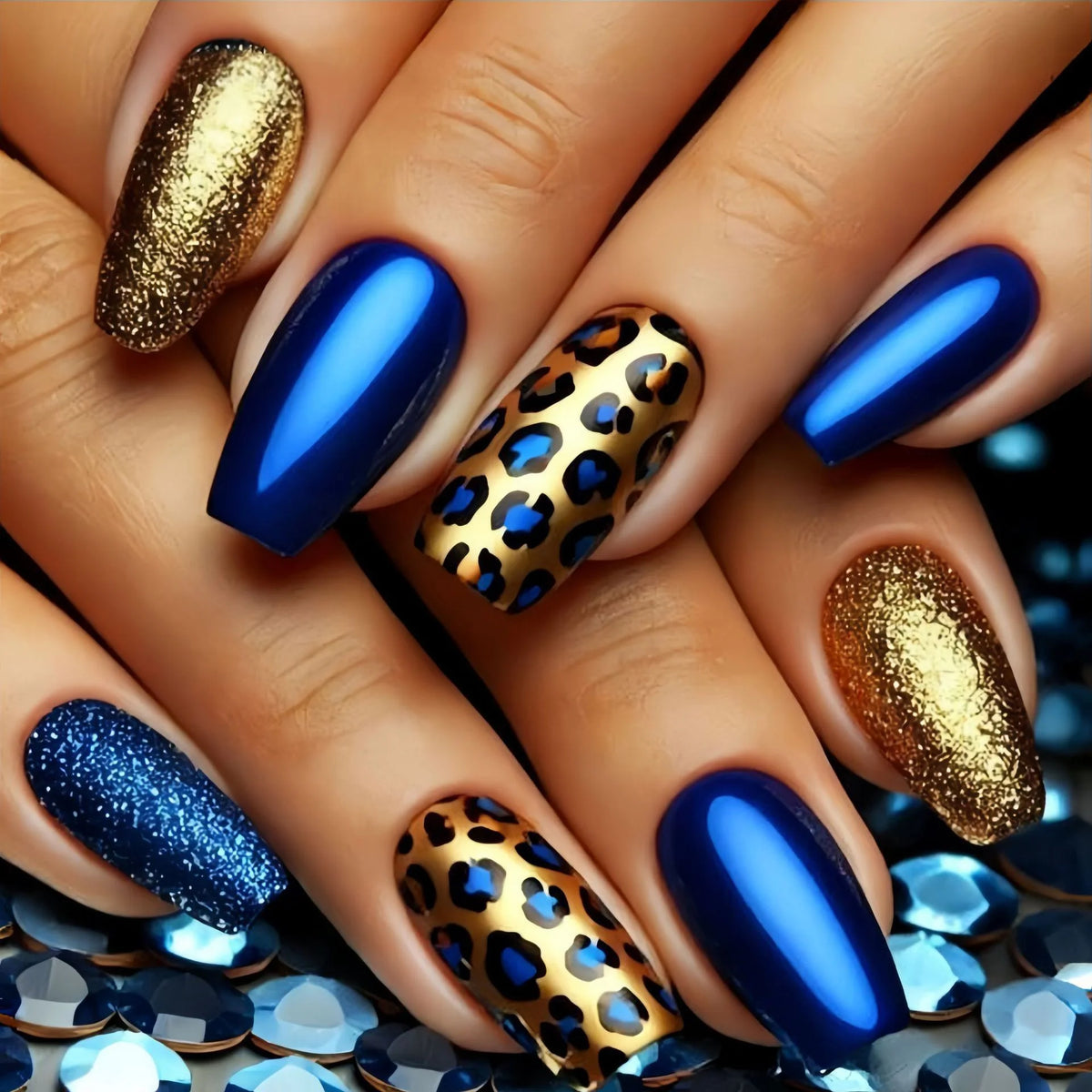 24pcs/set Short Medium fake nails for women dark blue yellow golden colors leopard print Square shape press on false nail art
