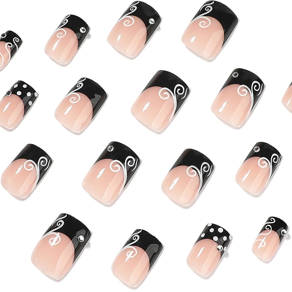 Black French White Polka Dot Rhinestone Press-On Nails – Short Square, 24 Pcs