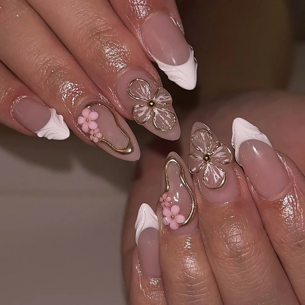 3D Embossed Flower & Fruit Metallic Rhinestone Press-On Nails – Gradient, Medium