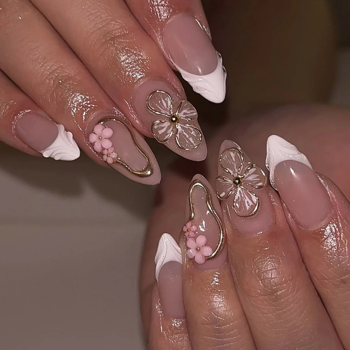 3D Fake Nails Gradient Pink Purple Green Blue Orange Embossed Flowers Fruit Metallic Rhinestones Medium Tips Press On False Nail