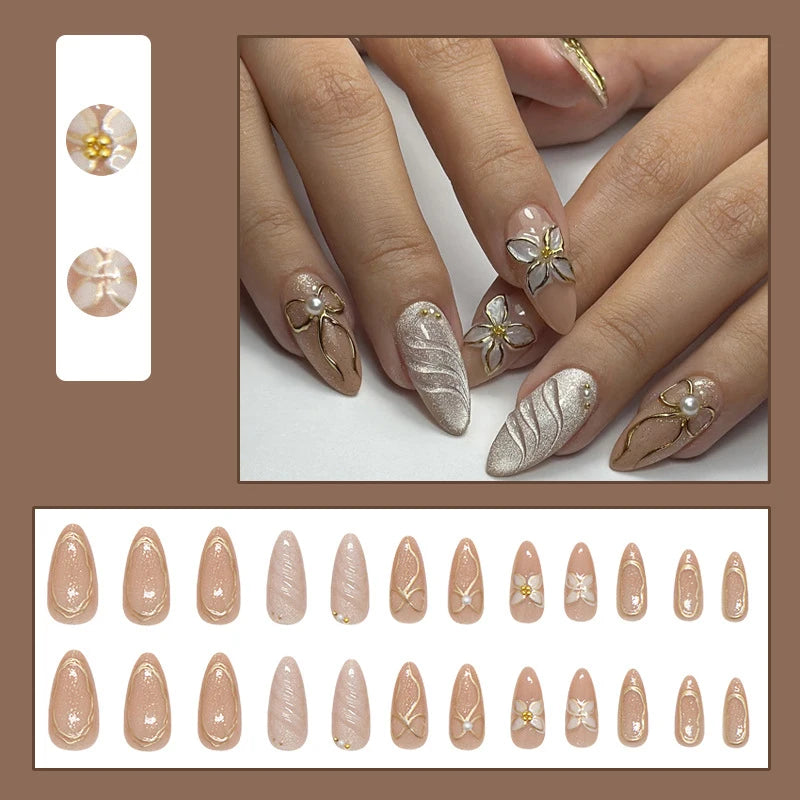 Short Medium fake nails for women Nude golden green shimmer nail tips oval almond shape flora design full cover press on nails