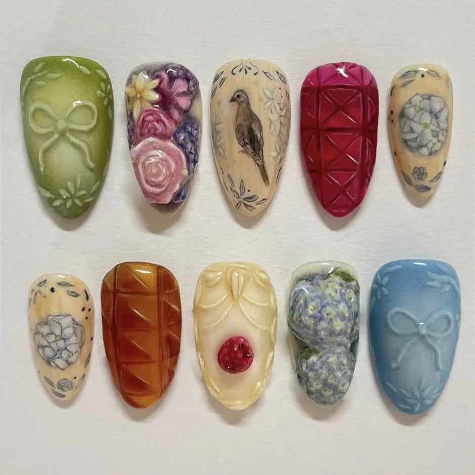 Vintage Painting Star, Moon & Swan Press-On Nails – Almond, 24 Pcs