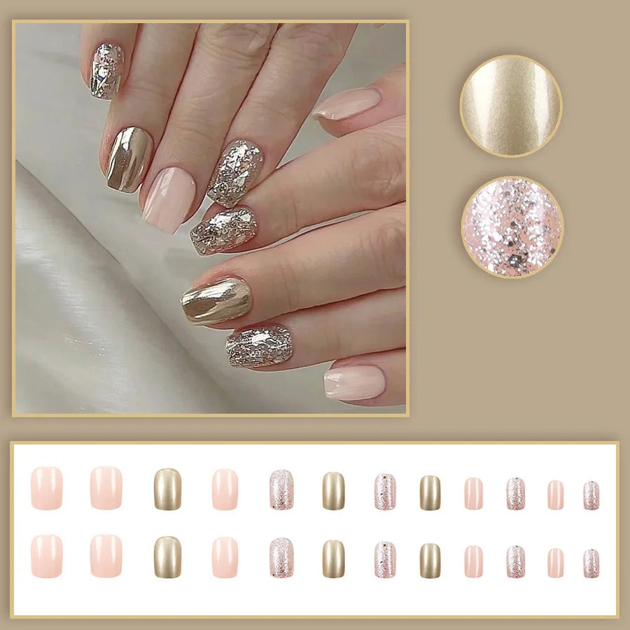 24pcs/set Short square fake nails for women girls Sparkling glitters with nude brown golden glossy nail tips press on false nail