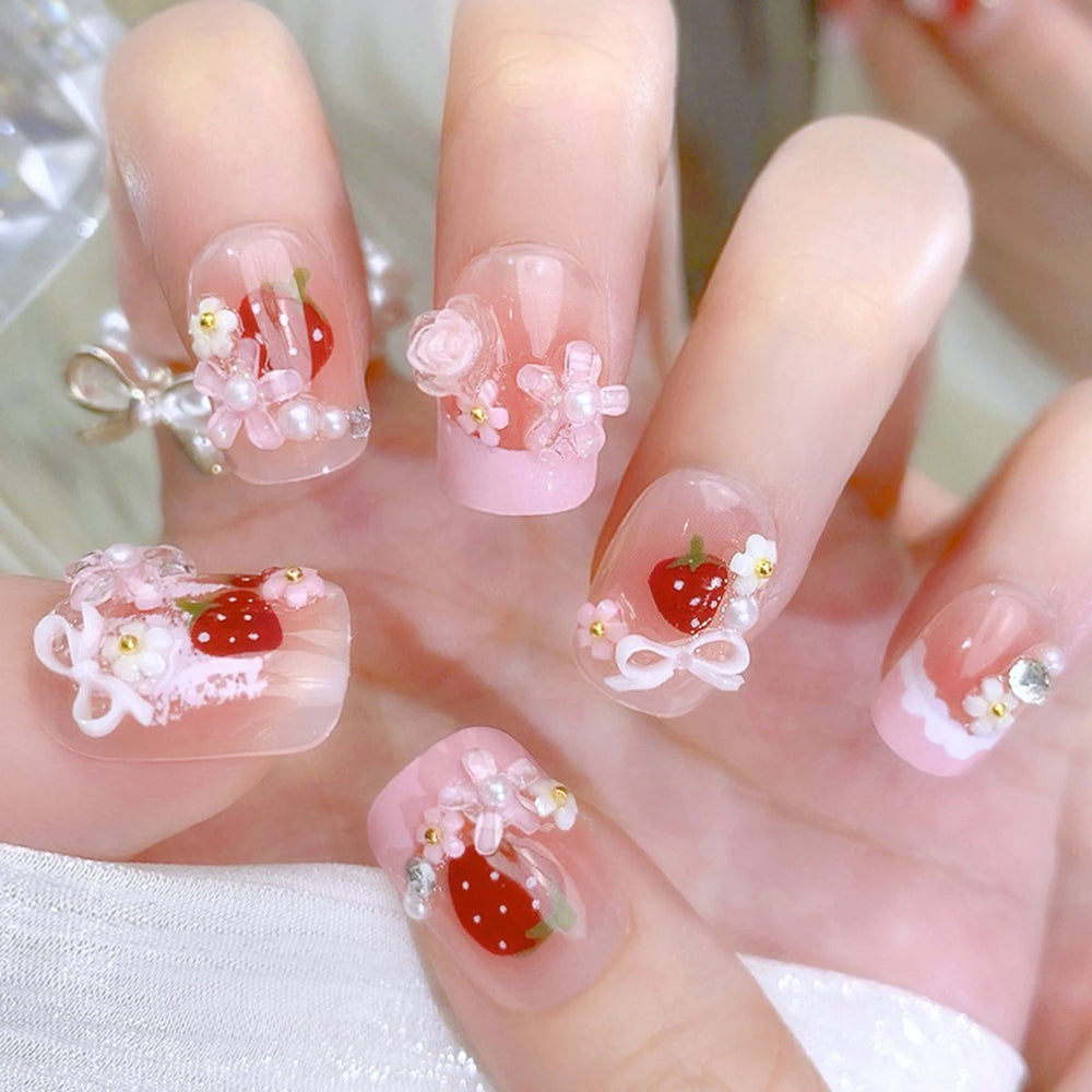 Red Strawberry & Bow French Press-On Nails – Short Square, 24 Pcs