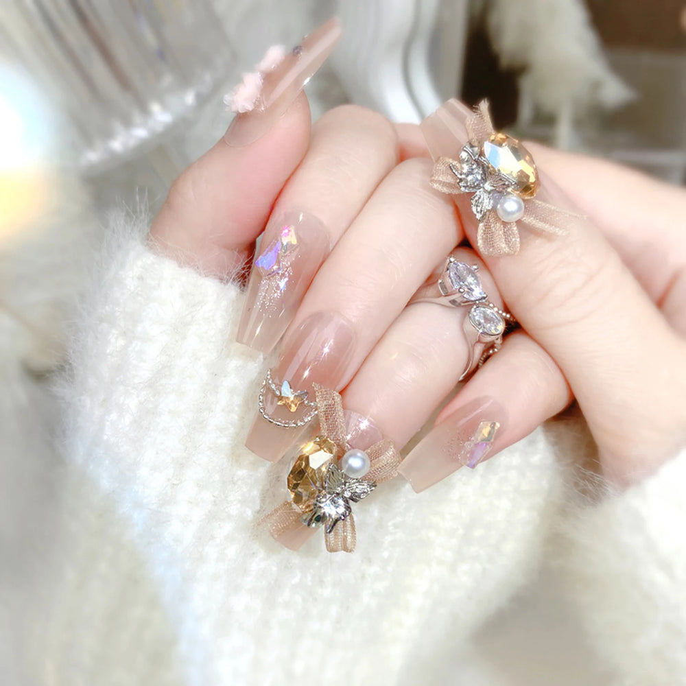 Pink 3D Flower & Metal Bow Press-On Nails – Almond, 24 Pcs