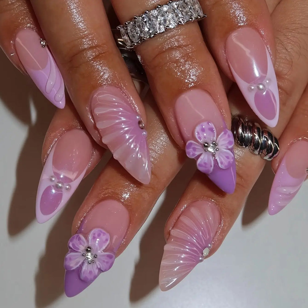 Tropical Hibiscus & Butterfly French Press-On Nails – Almond, 24 Pcs