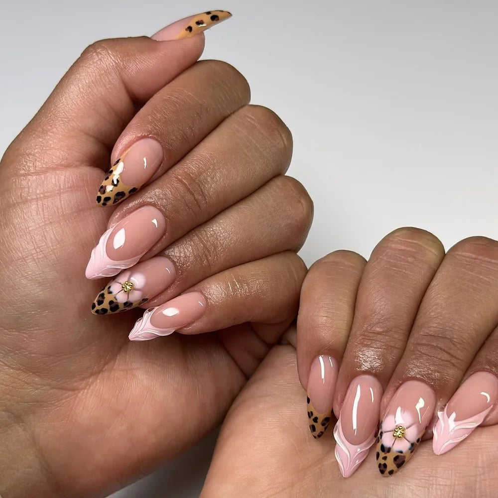 24pcs/set 3D fake nails for women girls embossed flowers pearl rhinestones design Medium almond tips press on false nail art