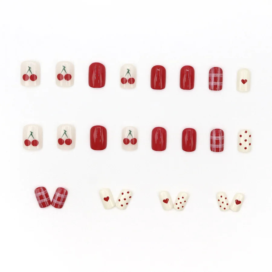 Short Square fake nails for women girls nude red colors with polka dots or cherry heart french style press on false nail art