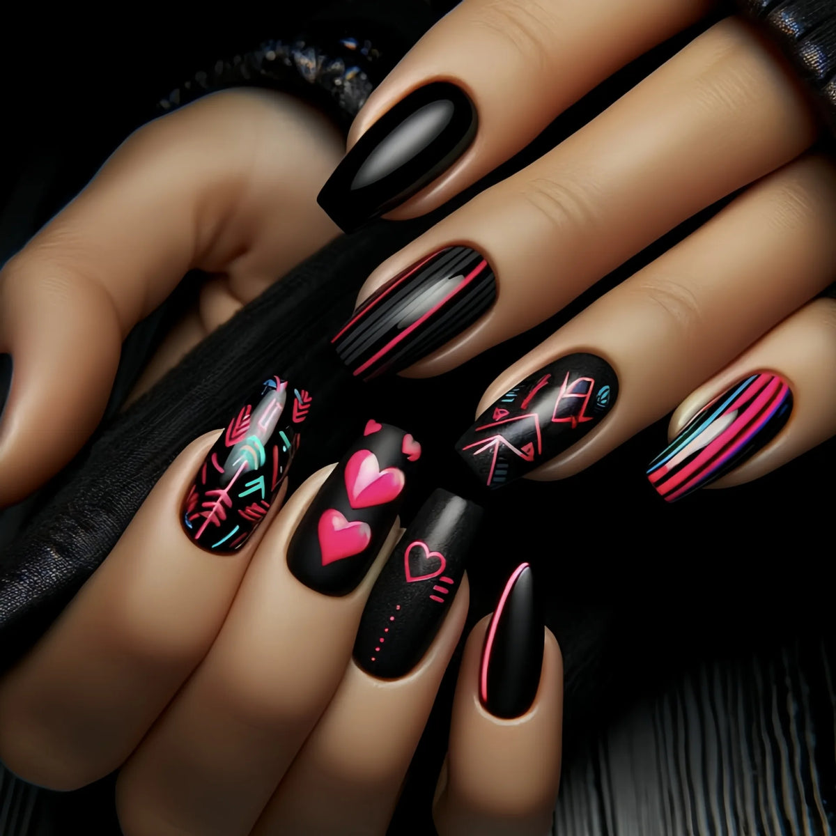 Medium fake nail for women girls Y2K Pink green yellow black Square tips with cute heart for Valentine's Day press on false nail