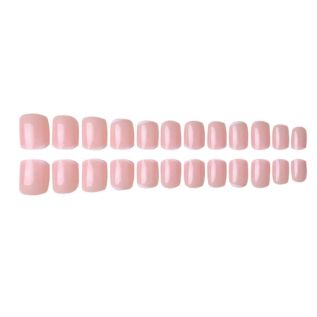 Medium fake nails for women girls Nude square nail tips with white strips printing full cover reusable press on false nail art