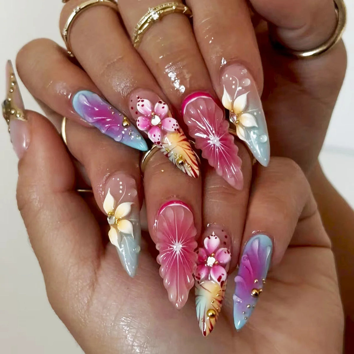 3D Fake Nails Gradient Pink Purple Green Blue Orange Embossed Flowers Fruit Metallic Rhinestones Medium Tips Press On False Nail